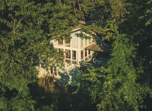 A modern house surrounded by dense trees.