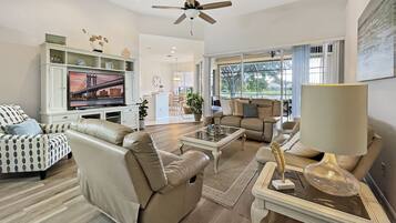 Smart TV, DVD player, books, music library