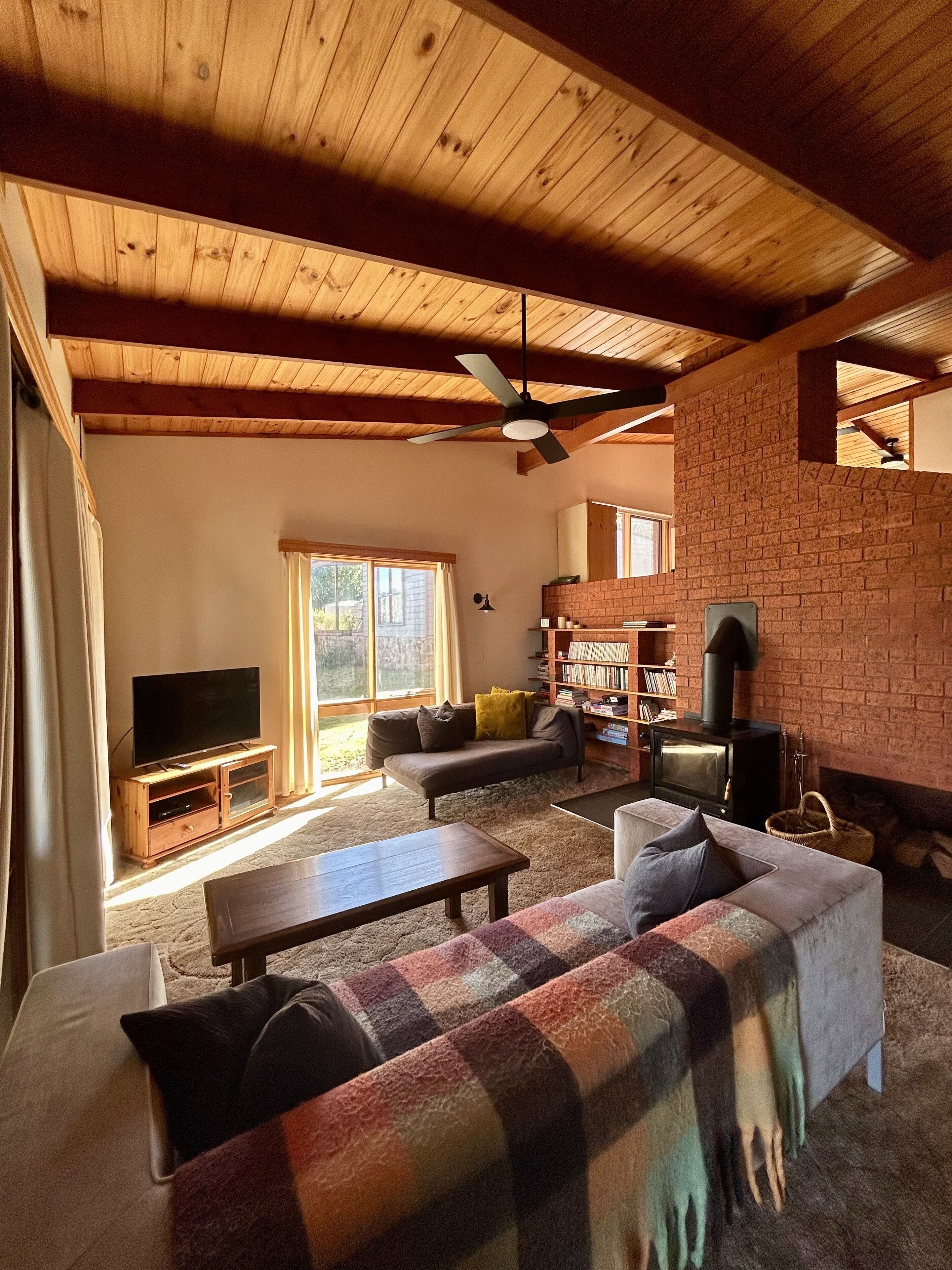 Smart TV, fireplace, DVD player, books