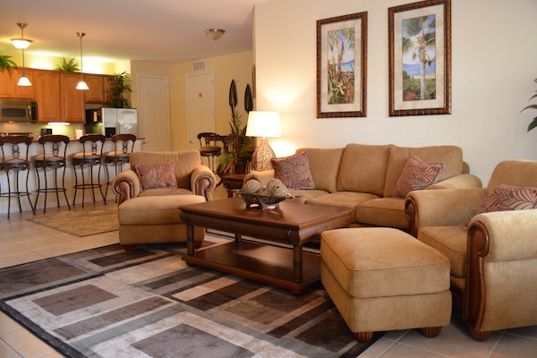 Spacious living room and gorgeous kitchen.