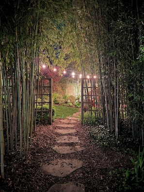 A stone pathway leading through a bamboo grove at night, illuminated by string lights.
