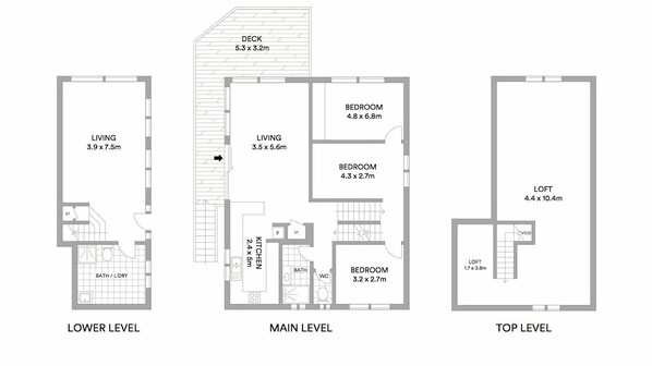 A three-level apartment layout with a living room, kitchen, and bedrooms on the main level, a loft on the top level, and a deck on the upper floor.