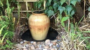 Un'ampia vasca in ceramica in un giardino, con un recinto in legno e vegetazione sullo sfondo.