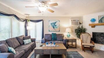 TV connectée, cheminée, livres