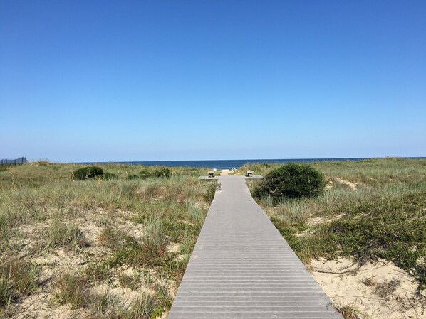 Un camino de concreto que lleva a una playa con dunas y un cielo azul despejado.