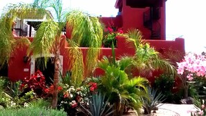 Un edificio rojo con una pequeña torre, rodeado de diversas plantas y flores.
