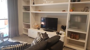 Televisión, reproductor de DVD, libros, videoteca