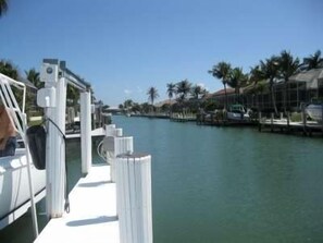 A marina with boats docked, a clear sky, and palm trees along the water.