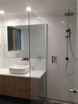 Shower, hair dryer, towels, soap