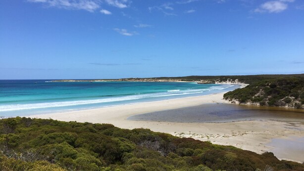 A coastal landscape with a sandy beach, clear blue waters, and dense greenery in the foreground.