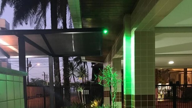 Una entrada con suelo de baldosas, un camino iluminado en verde, una planta en maceta y un cubo de basura.