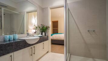 Hair dryer, towels, soap, shampoo