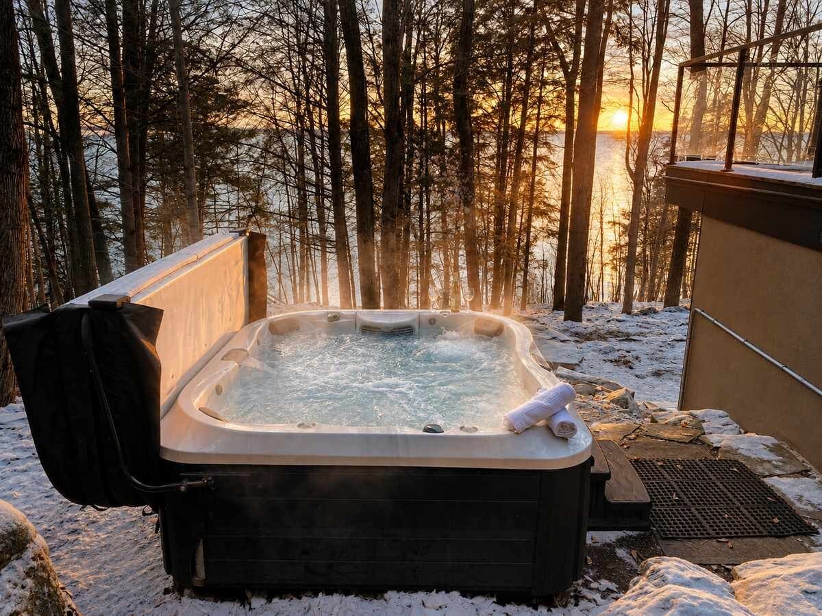 A hot tub outdoors with a view of trees and a sunset.