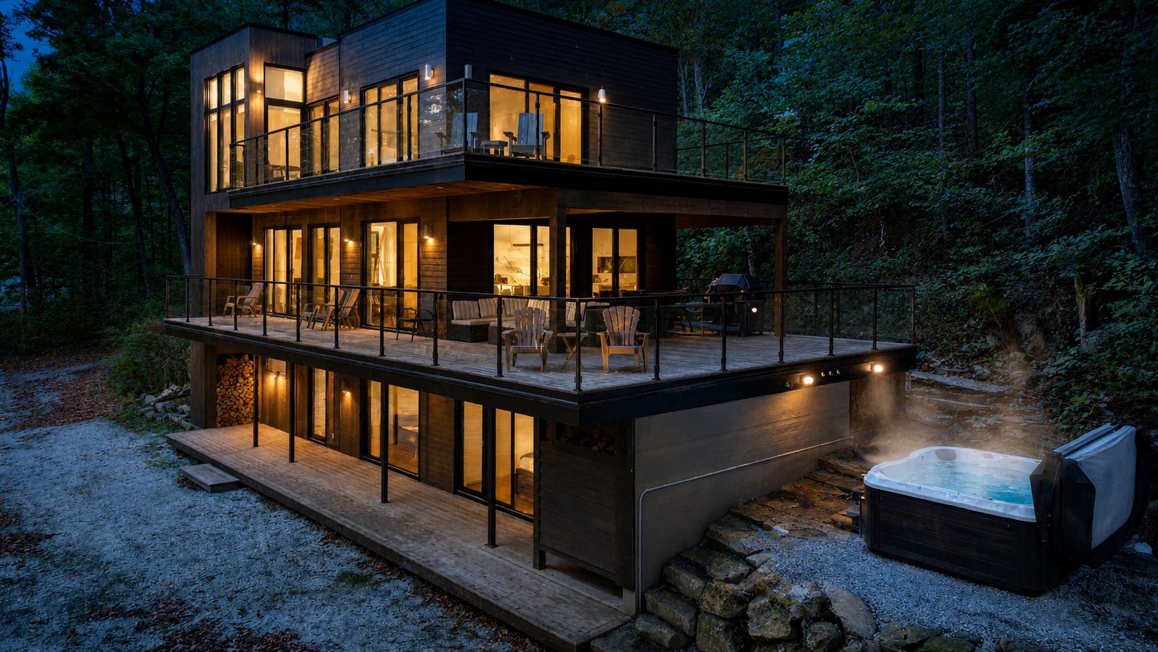 A modern two-story cabin with a hot tub and outdoor seating area, surrounded by trees.