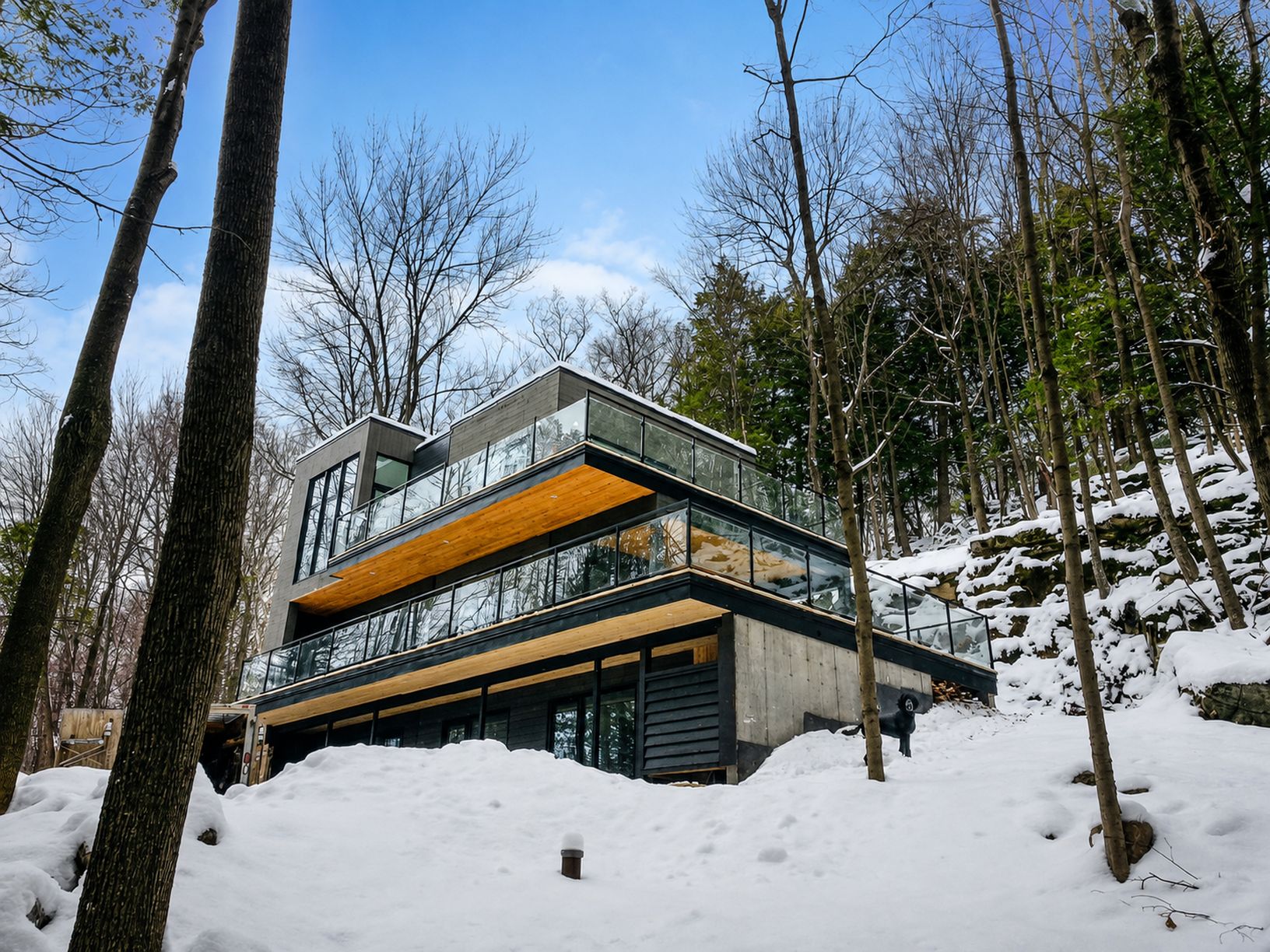 Ein modernes, mehrstöckiges Haus, umgeben von schneebedeckten Bäumen.