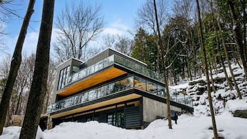 Ein modernes, mehrstöckiges Haus, umgeben von schneebedeckten Bäumen.
