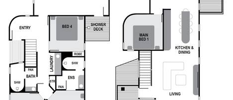 A floor plan with a garage, entry, bathroom, laundry, and three bedrooms.