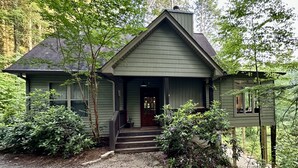 A small, single-story house with a front porch, surrounded by dense greenery and trees. - Hosting a retreat, family reunion, girls or couples weekend or special occasion? (Ellijay)