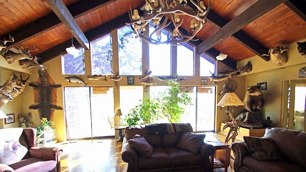 A spacious living room with high ceilings, wooden beams, and a large window allowing natural light. - Whitebird Summit 7 bedroom home (Grangeville)