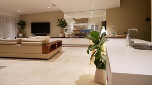 Ein modernes Wohnzimmer mit Sofa, Fernseher und Küchenzeile mit Spüle und Arbeitsplatte.