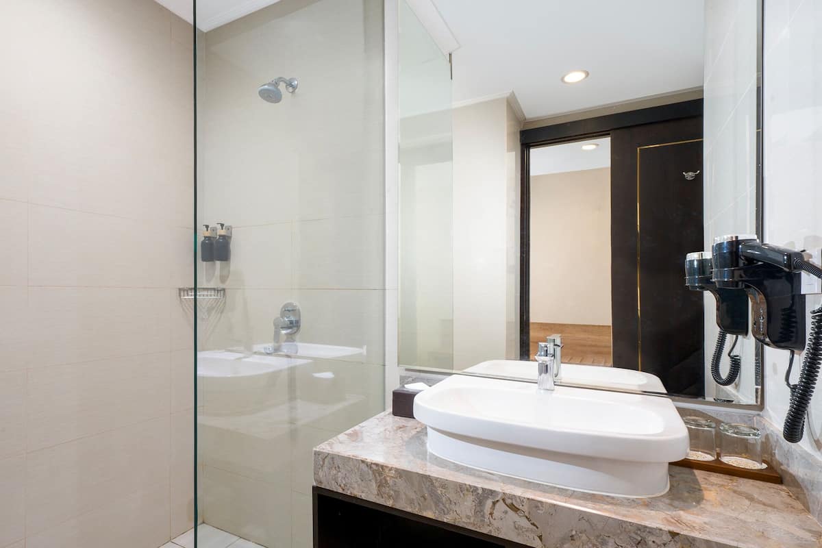 Shower, free toiletries, hair dryer, slippers
