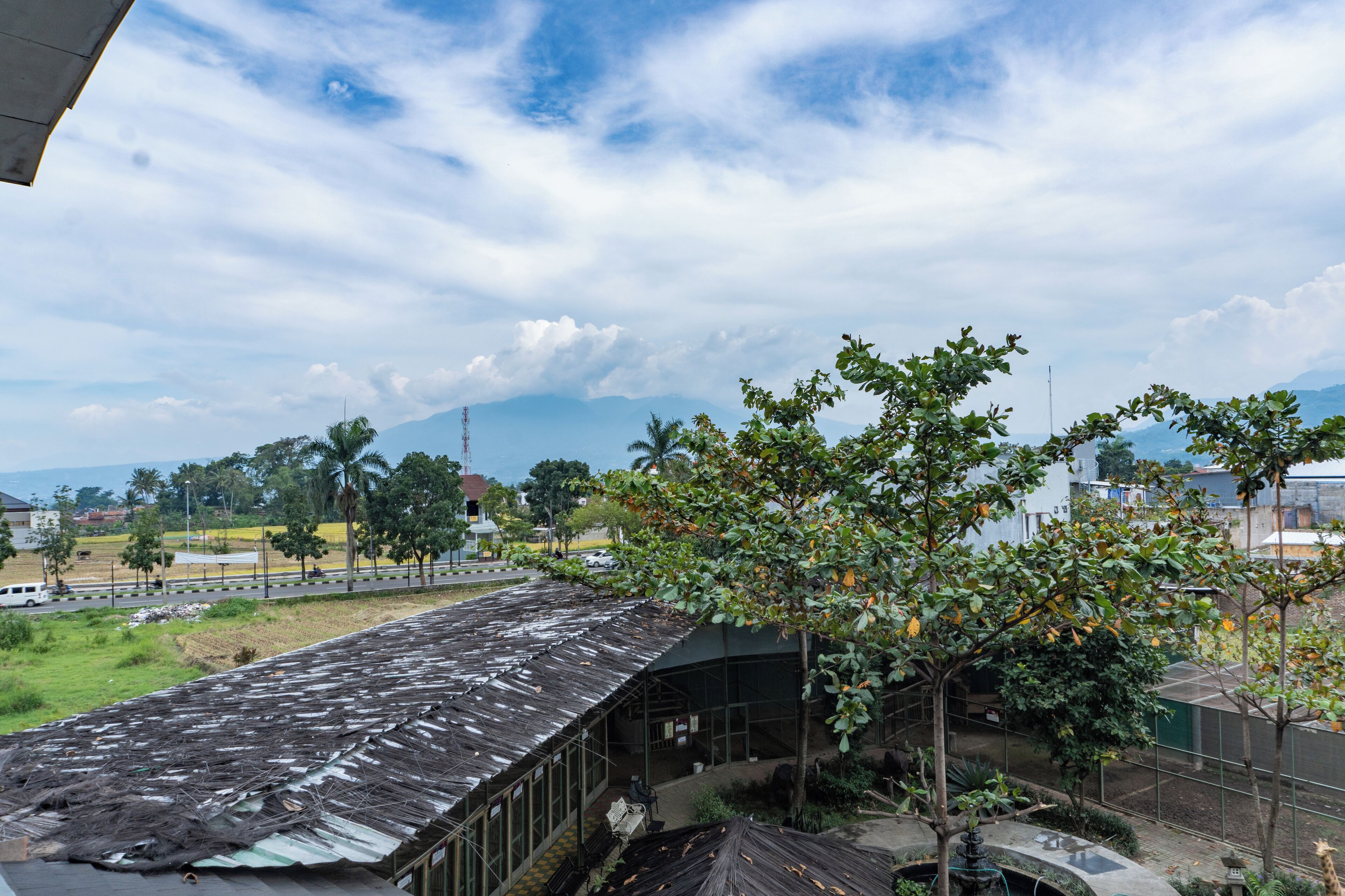 A modern building with a curved roof, surrounded by greenery and a clear sky.
