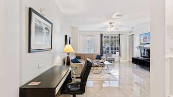 Smart TV, fireplace, DVD player, foosball