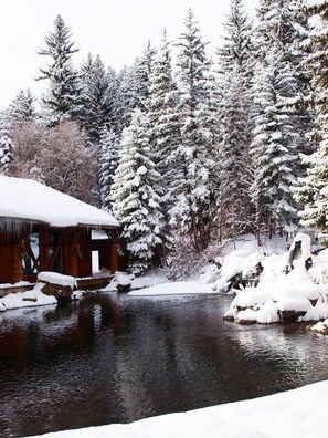 Une cabane dont le toit est recouvert de neige, avec un étang devant.