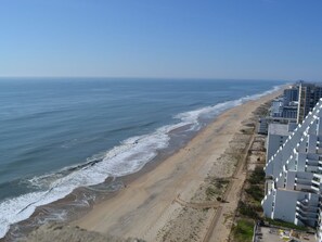On the beach, sun-loungers
