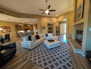 Flat-screen TV, fireplace, video games, DVD player