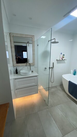 Shower, hair dryer, towels, toilet paper