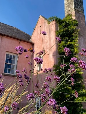 Ein pinkfarbenes Gebäude mit Fenster und Schornstein.