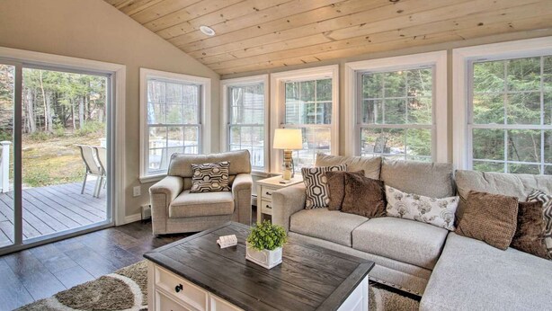 A cozy living room with a wooden ceiling, large windows, a sofa set, and a coffee table. - Private & Super Spacious, close to downtown N. Conway and ski. (Conway)