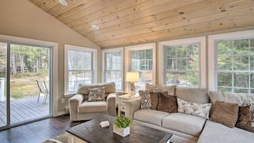 Smart TV, caminetto, lettore DVD, libri