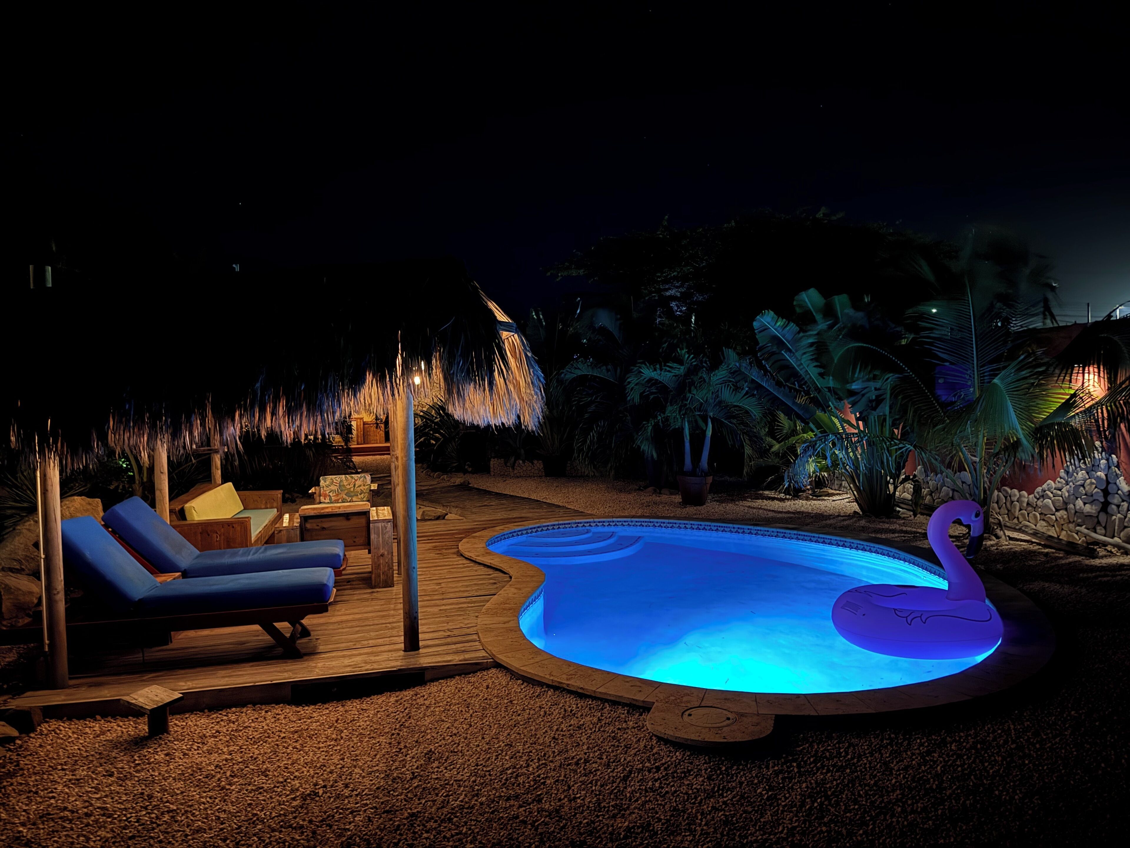 Area piscina di notte con sedie a sdraio e un'anatra gonfiabile.