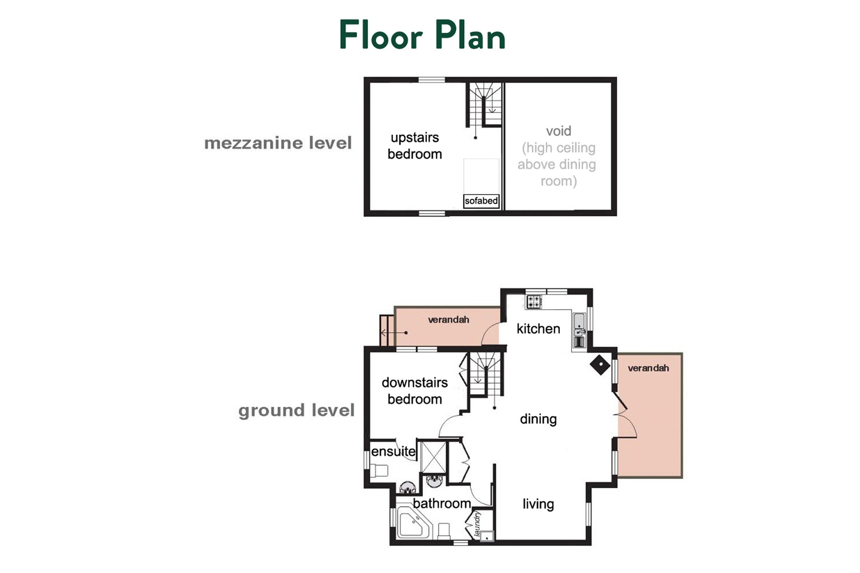 A floor plan with a mezzanine level bedroom, a ground level living area, dining, and kitchen.