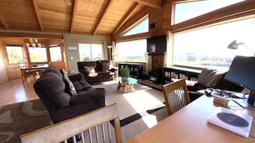 Smart TV, fireplace, video games, DVD player