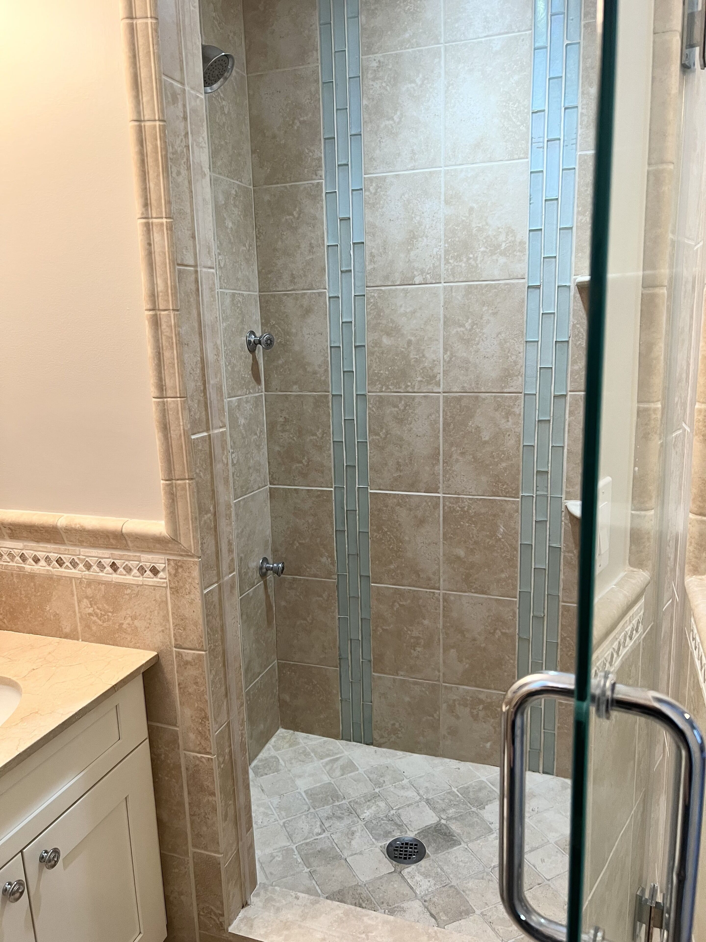 Combined shower/tub, hair dryer, soap, toilet paper
