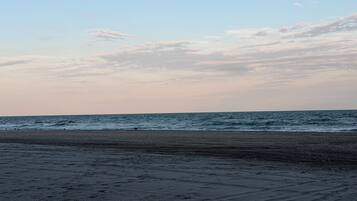 A beach with a clear sky and calm sea.