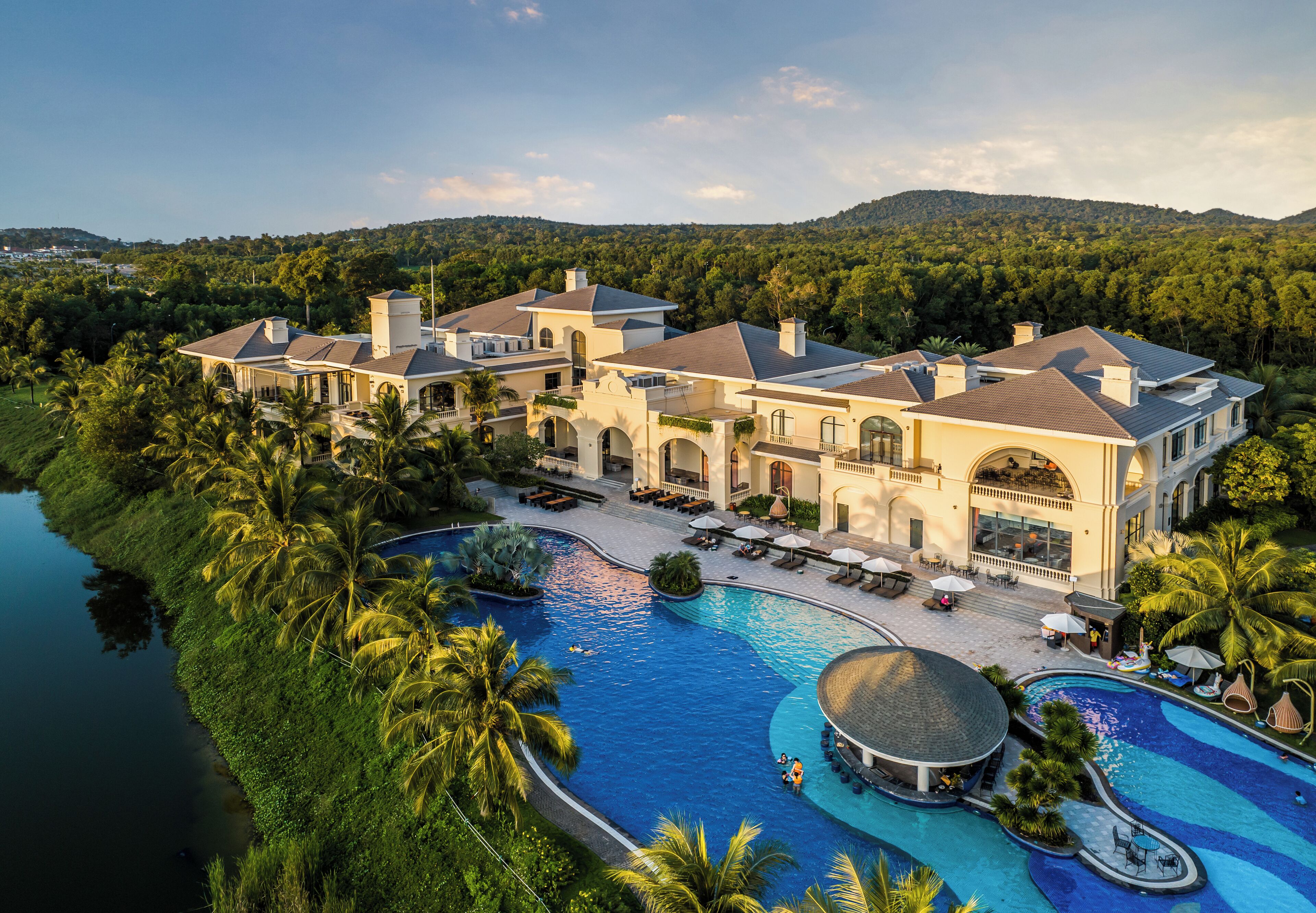 Outdoor pool, pool umbrellas, pool loungers