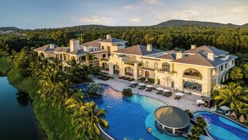 Outdoor pool, pool umbrellas, pool loungers