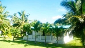 A white building with a flat roof, surrounded by a well-maintained lawn and palm trees. - Paere House, Snorkeling Heaven (Tikioki Beach)