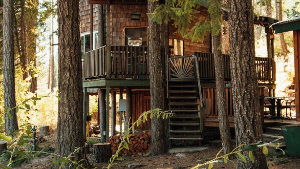 Een chalet in een bos, met een houten terras en een trap naar de ingang.