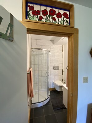 Douche, séchoir à cheveux, serviettes fournies, savon