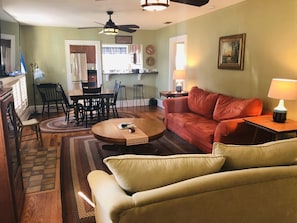 Smart TV, fireplace, DVD player, books