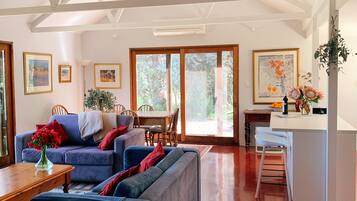 Smart TV, fireplace, DVD player, books