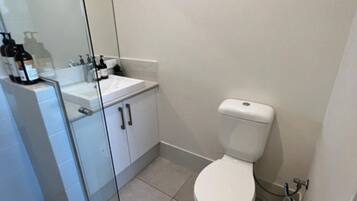 A bathroom with a toilet, sink, and glass shower enclosure.