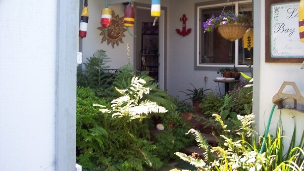 Una casa con un portico decorato con elementi a tema nautico, tra cui boe e un decoro solare. Si vedono diverse piante in vaso e una finestra con vista sul giardino.