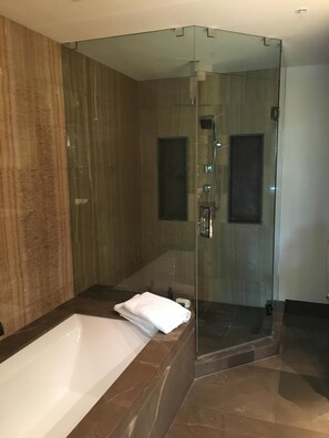 Bathtub, hair dryer, towels
