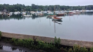 A marina with various boats docked.